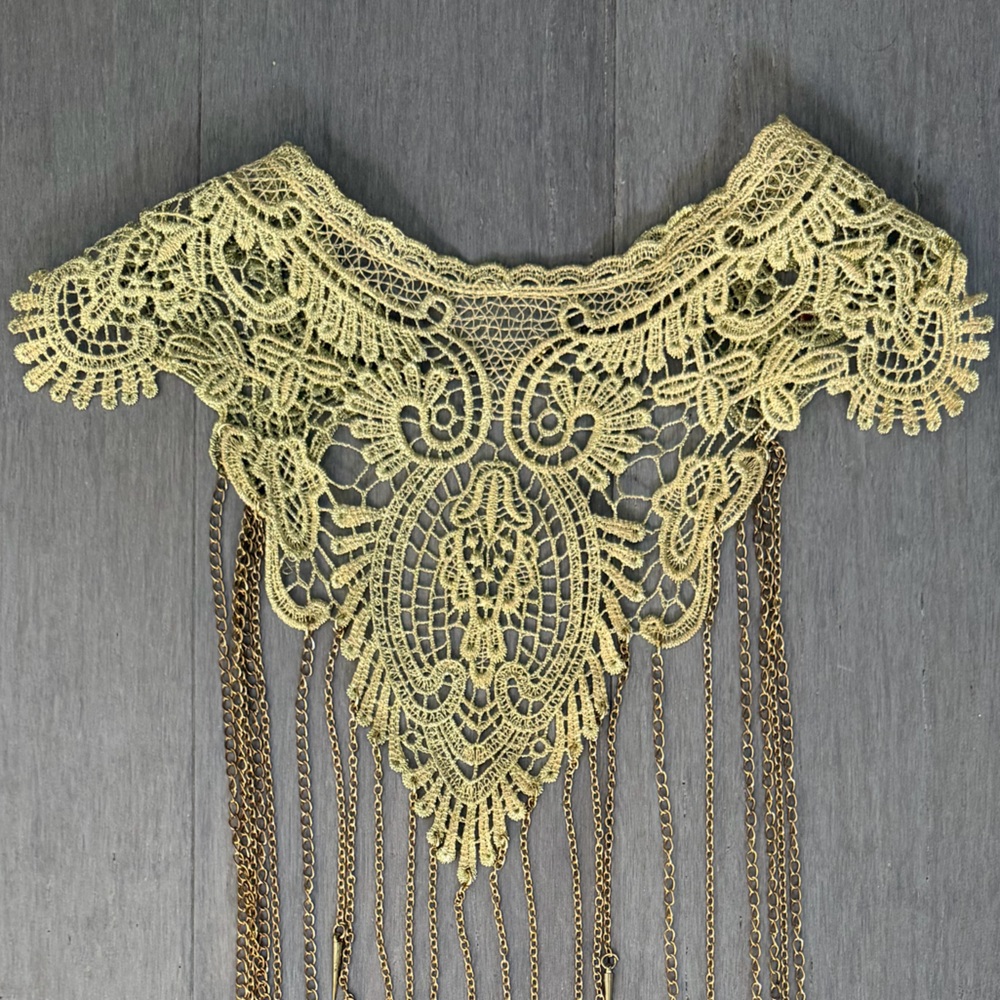 Gold Lace Statement Necklace with Fringe Chains - Picture 3 of 5